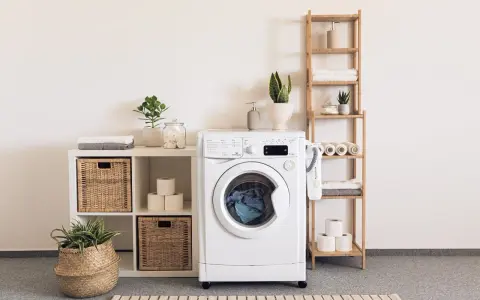Lavadora blanca con cesta de mimbre, plantas y accesorios que se colocan en una prenda.