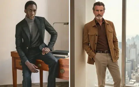 Dos hombres con atuendos business formal. Uno con traje gris y cuello alto, el otro con chaqueta marrón y polo.