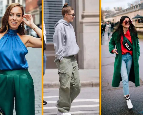 Tres mujeres lucen estilos urbanos. Una lleva un top azul y pantalones verdes, otra un conjunto gris y cargo, y la tercera un abrigo verde con rojo. Muestran cómo los colores que combinan con el verde son versátiles.