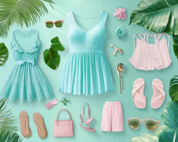 Vestidos turquesa, blusa rosa, sandalias y accesorios que evocan los colores de verano.