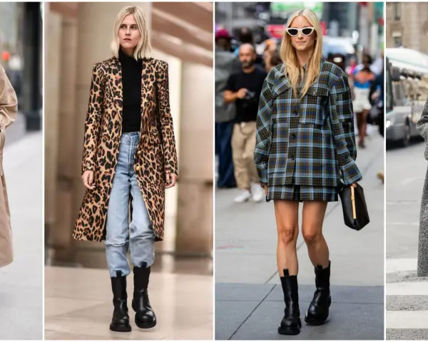 Mujeres con estilo: un abrigo de leopardo y jeans, un conjunto de cuadros con botas chelsea mujer outfit, y un abrigo gris.