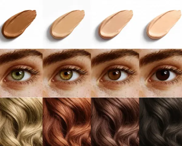 Muestras de bases de maquillaje, ojos y cabello en una paleta de colores cálidos de otoño.