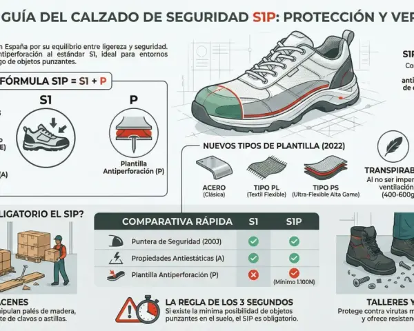 Guía del calzado SIP: S1 + P (plantilla antiperforación) para protección contra objetos punzantes.