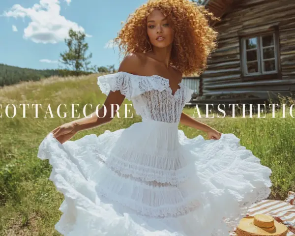 Mujer con vestido blanco voluminoso, cabello rizado, en un campo verde, con una cabaña de madera al fondo. Estilo cottagecore.