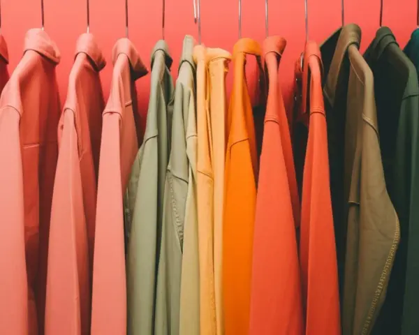 Percheros con ropa de tonos cálidos y fríos, un arcoíris de color verano listo para usar.