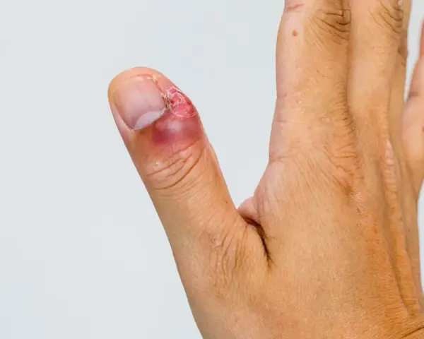 Dedo pulgar con inflamación y enrojecimiento alrededor de la uña, indicando un dedo infectado. La piel está irritada.