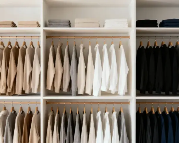 Armario organizado con ropa colgada y doblada en tonos neutros y oscuros. Una clara **estética minimalista** que inspira orden y calma.
