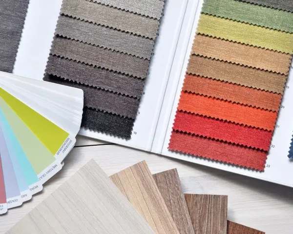 Muestras de telas y laminados en tonos tierra y vibrantes, evocando una **primavera brillante**.