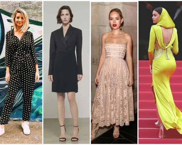Cuatro mujeres muestran diferentes estilos de dress code mujer: jumpsuit de lunares, vestido negro tipo blazer, vestido de encaje rosa y vestido amarillo con escote en la espalda.