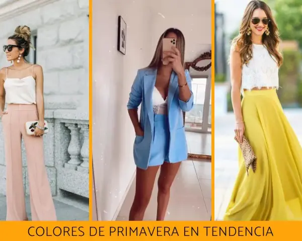 Tres looks con colores primavera: pantalones palo rosa, traje azul cielo y falda amarilla vibrante.