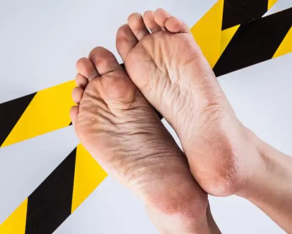Pies agrietados y secos, señal de trabajar 8 horas de pie. Cinta de advertencia amarilla y negra rodea los pies.