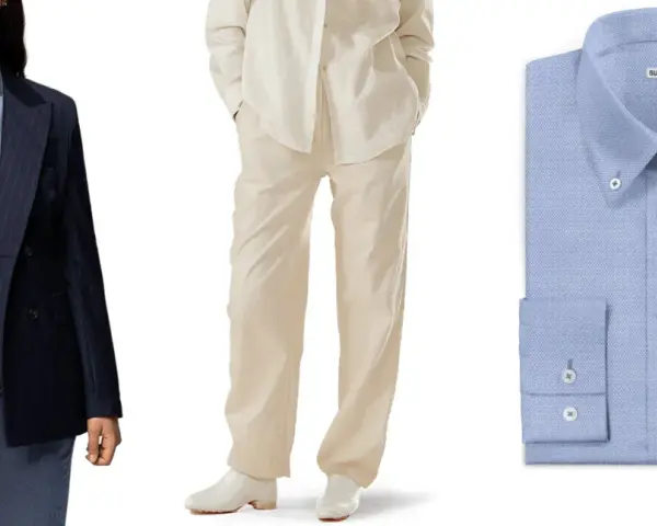 Traje a rayas azul marino, conjunto beige y camisa azul claro. La moda andrógina significa libertad de expresión.