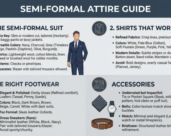 Guía de dress code semi-formal: trajes, camisas, calzado y accesorios para un estilo impecable.