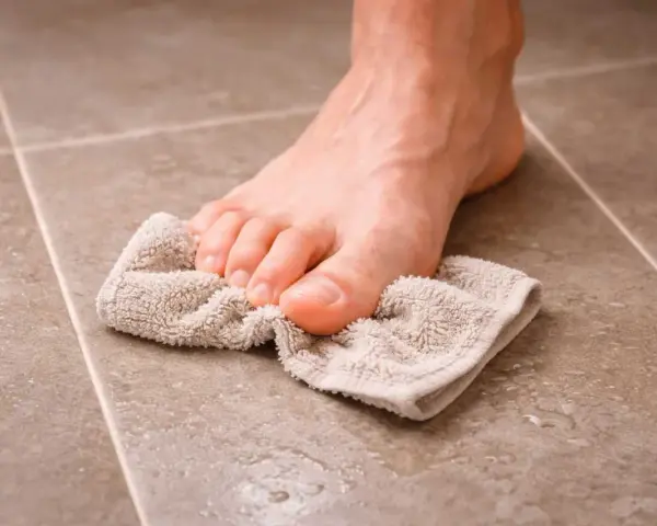 Un pie seco con una toalla entre los dedos. Los dedos de los pies sirven para mantener el equilibrio y para que sirven los dedos de los pies.