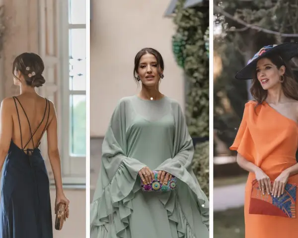 Tres mujeres con vestidos elegantes, perfectos para un código vestimenta boda. Azul, verde menta y naranja vibrante.