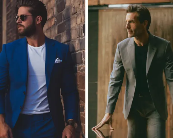 Dos hombres con estilo, uno con camisa y blazer azul, el otro con camisa y blazer gris.
