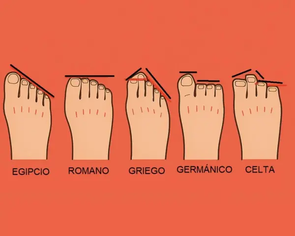Cinco tipos de pies: egipcio, romano (dedos alineados), griego, germánico y celta. El pie romano es el que tiene el segundo dedo más corto que el pulgar.