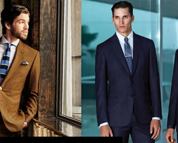 Hombres luciendo vestimenta formal: un traje marrón con corbata a rayas y otro con traje azul marino a rayas.