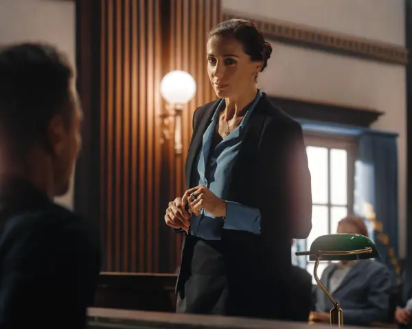 Abogada con traje negro y blusa azul, lista para un juicio. Un ejemplo de como ir vestida a un juicio mujer.