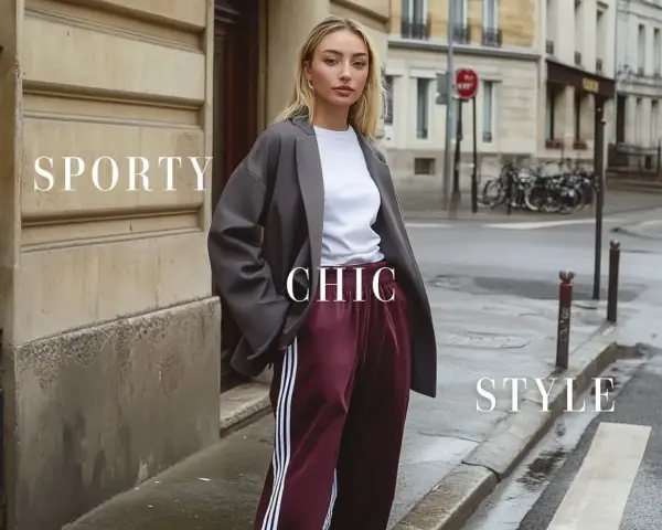 Mujer con un look **smart chic dress code**: blazer gris, camiseta blanca y pantalón deportivo burdeos con rayas.