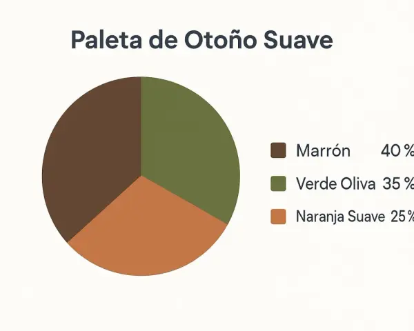 Paleta de otoño suave: marrón (40%), verde oliva (35%) y naranja suave (25%). Una representación visual de la colorimetría de otoño.