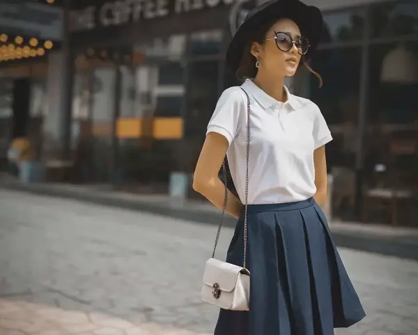 Mujer con estilo preppy, luce un polo blanco, falda azul y sombrero negro.