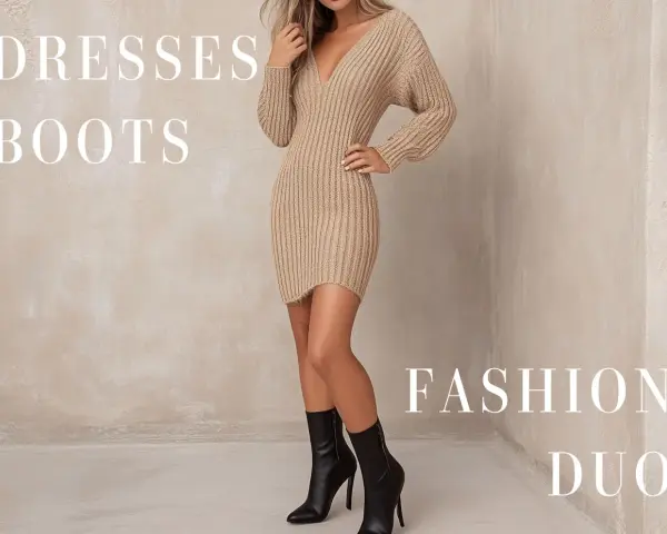 Mujer luce un vestido tejido color canela y botines negros, un dúo de moda perfecto para cualquier fiesta.
