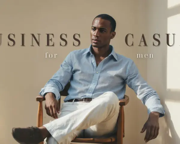 Hombre con camisa azul claro y pantalones blancos, ideal para un look business casual verano.