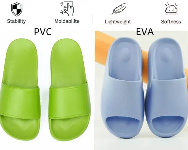 Chanclas verdes de PVC y azules de EVA. El material EVA es ligero y suave, a diferencia del PVC que puede ser tóxico.
