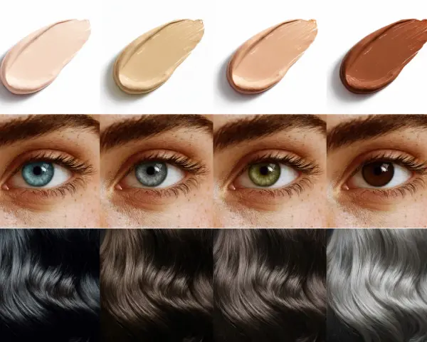 Muestras de bases de maquillaje, ojos de distintos colores y cabellos en tonos oscuros y grises, evocando una paleta de colores de invierno.