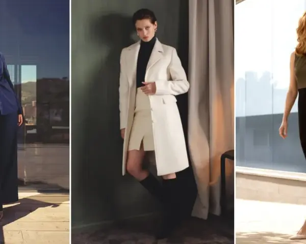 Mujer ejecutiva con trajes elegantes: azul marino, blanco y negro.