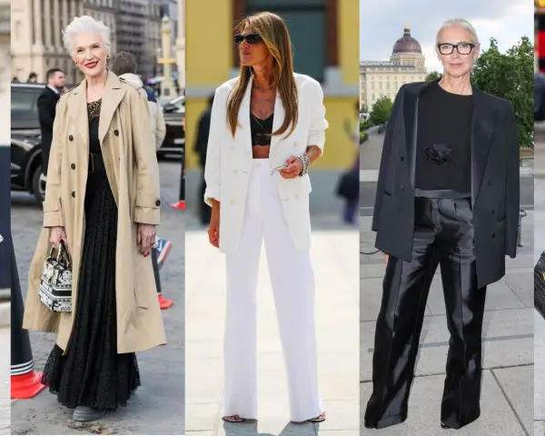 Tres mujeres con un impecable estilo mod: una con gabardina beige y vestido negro, otra con traje blanco y la tercera con traje negro.