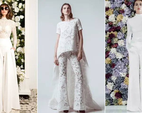 Tres novias con pantalón blanco, una con encaje y gafas de sol, otra con un diseño asimétrico y la tercera con cuello alto y fondo floral.