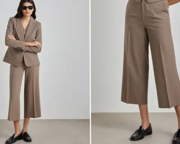 Mujer con traje de cuadros marrones y zapatos negros. Los pantalones tobilleros lucen geniales con estos zapatos.