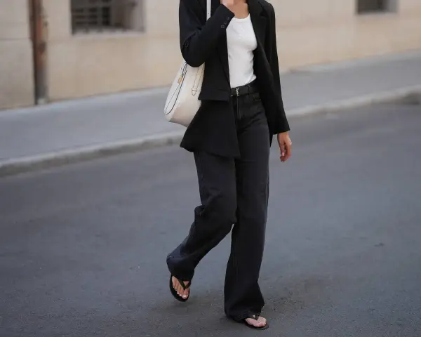 Look con blazer negro y jeans grises anchos. Bolso blanco y sandalias negras completan el atuendo.