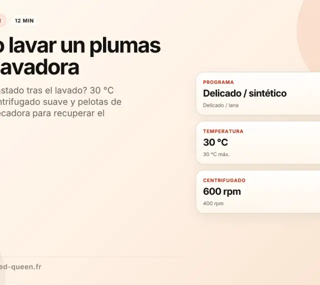 Guía para lavar plumas en lavadora: programa delicado, 30°C, centrifugado suave y secado con pelotas de tenis.