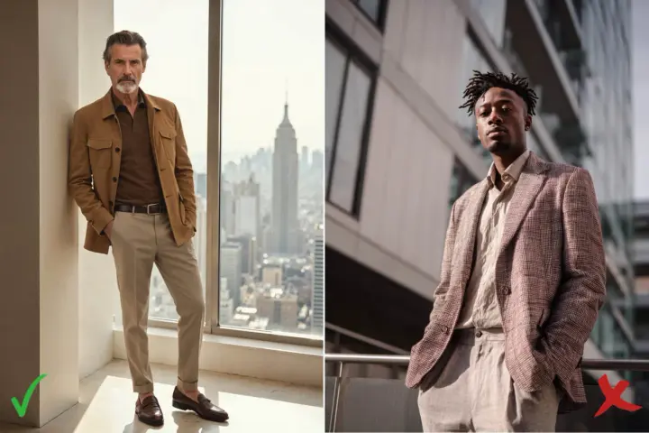 Hombre con un impecable atuendo smart casual, chaqueta color camel, polo marrón y pantalones beige.