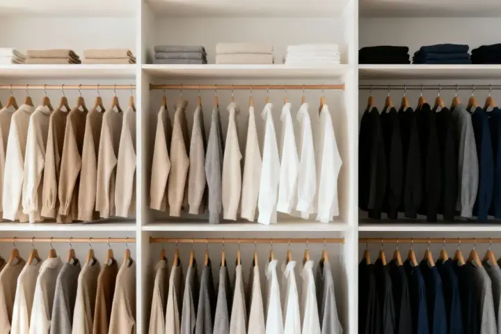 Armario organizado con ropa colgada y doblada en tonos neutros y oscuros. Una clara **estética minimalista** que inspira orden y calma.