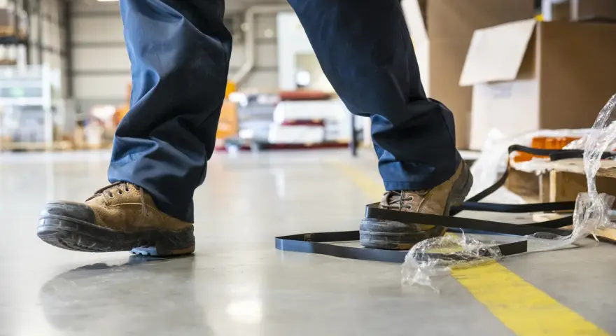 Un trabajador con una puntera composite pisa una cinta de embalaje en un almacén.