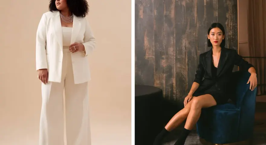 Mujer con traje blanco elegante y mujer con traje negro chic, ambos perfectos para un dress code gala.