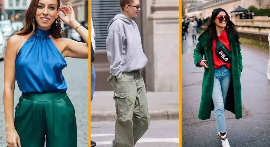 Tres mujeres lucen estilos urbanos. Una lleva un top azul y pantalones verdes, otra un conjunto gris y cargo, y la tercera un abrigo verde con rojo. Muestran cómo los colores que combinan con el verde son versátiles.