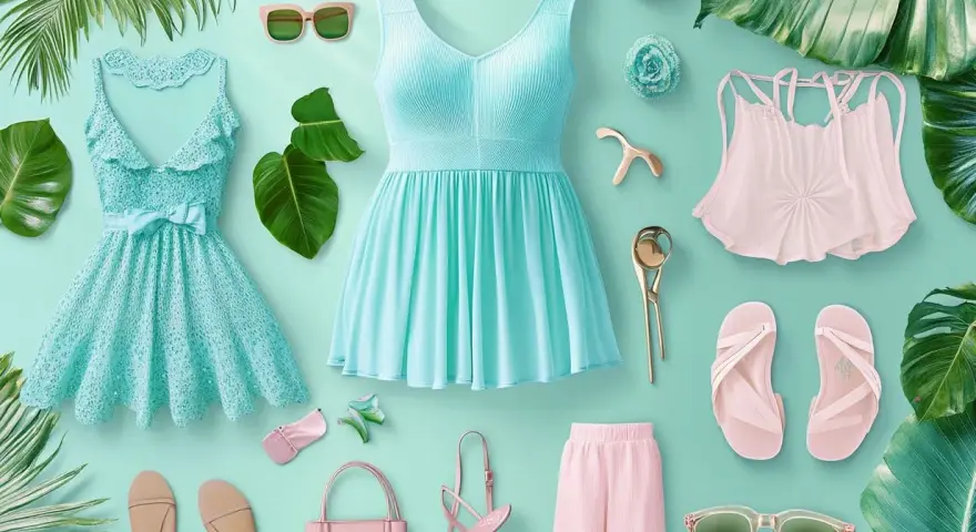 Vestidos turquesa, blusa rosa, sandalias y accesorios que evocan los colores de verano.