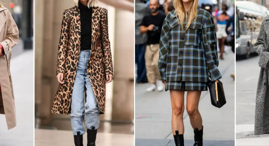 Mujeres con estilo: un abrigo de leopardo y jeans, un conjunto de cuadros con botas chelsea mujer outfit, y un abrigo gris.