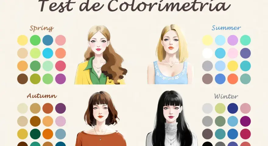 Test de colorimetría: cuatro estilos de mujer con paletas de colores para primavera, verano, otoño e invierno.