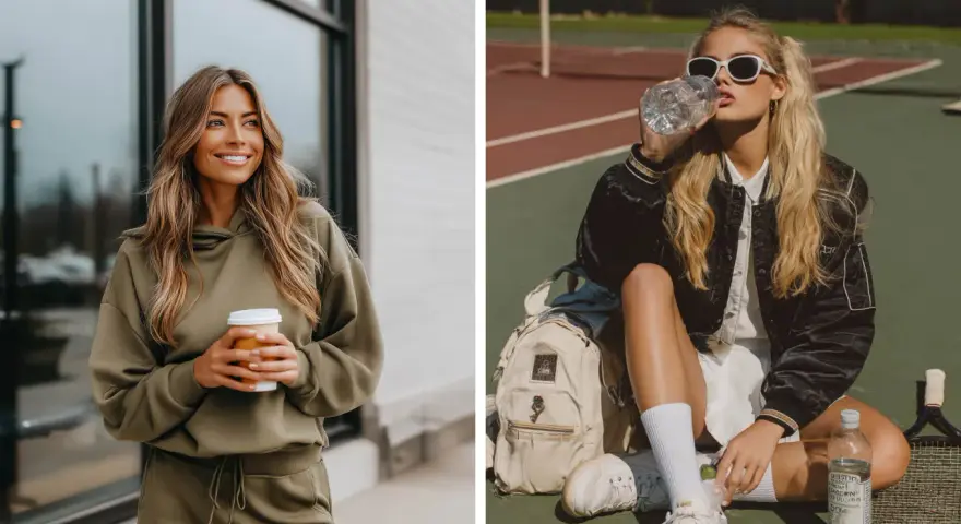 Mujer con conjunto deportivo color oliva y café. Otra mujer con estilo sporty en cancha de tenis, bebiendo agua.
