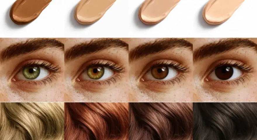 Muestras de bases de maquillaje, ojos y cabello en una paleta de colores cálidos de otoño.