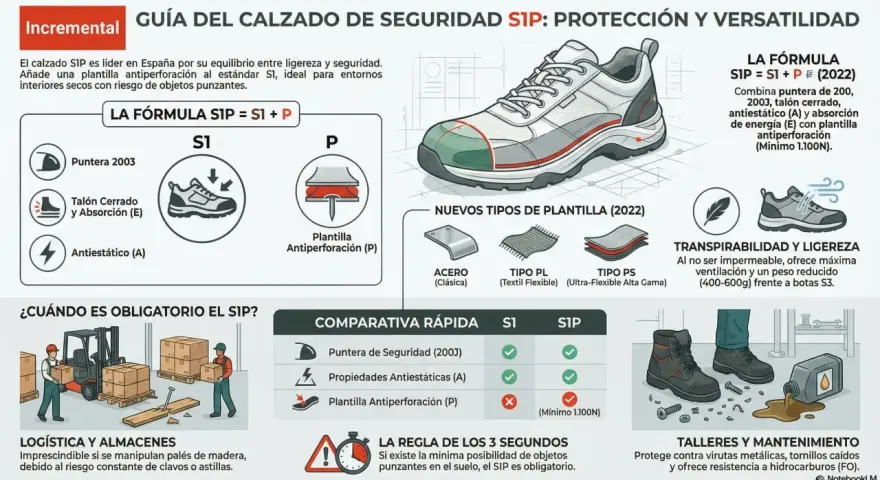 Guía del calzado SIP: S1 + P (plantilla antiperforación) para protección contra objetos punzantes.