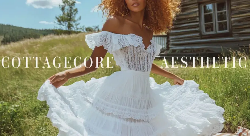 Mujer con vestido blanco voluminoso, cabello rizado, en un campo verde, con una cabaña de madera al fondo. Estilo cottagecore.