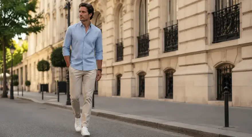 Hombre con camisa azul y pantalón beige camina por una calle parisina.