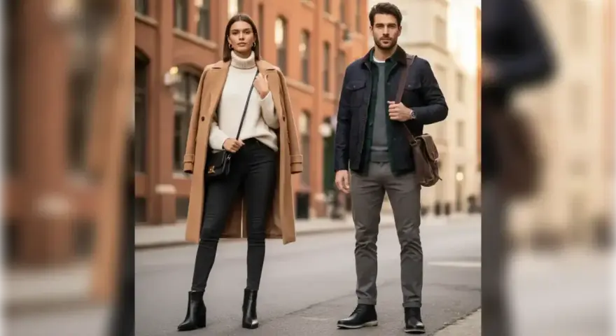 Pareja con estilo urbano. Ella luce un abrigo camel, jersey de cuello alto y pantalones negros con botas. Él, chaqueta azul marino, jersey verde y pantalones grises, con un traje con botas.